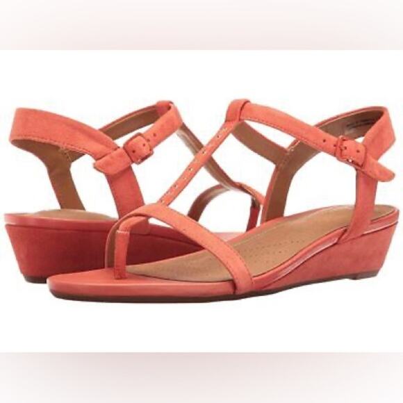 CLARKS ARTISAN Suede Parram Blanc low wedge sandal, size9.5 NWT, orange/coral - Picture 2 of 14
